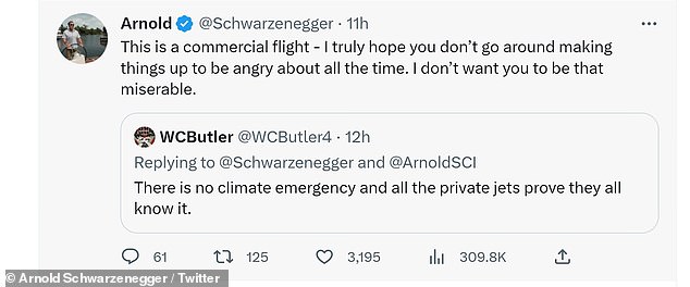 طائرة خاصة: اتهم أحد مستخدمي تويتر أرنولد باستقلال طائرة خاصة لحضور مؤتمر مبادرة شوارزنيجر السنوي للمناخ في فيينا.  رد الرجل القوي بأنه كان مسافرا في رحلة تجارية