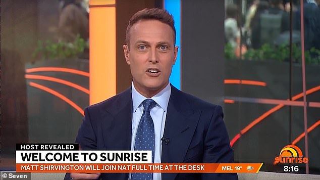 يوم الاثنين ، تم التأكيد على أن Shirvington ستحل محل Kochie on Sunrise بعد خطة مدتها ثلاث سنوات لإعداده للوظيفة العليا