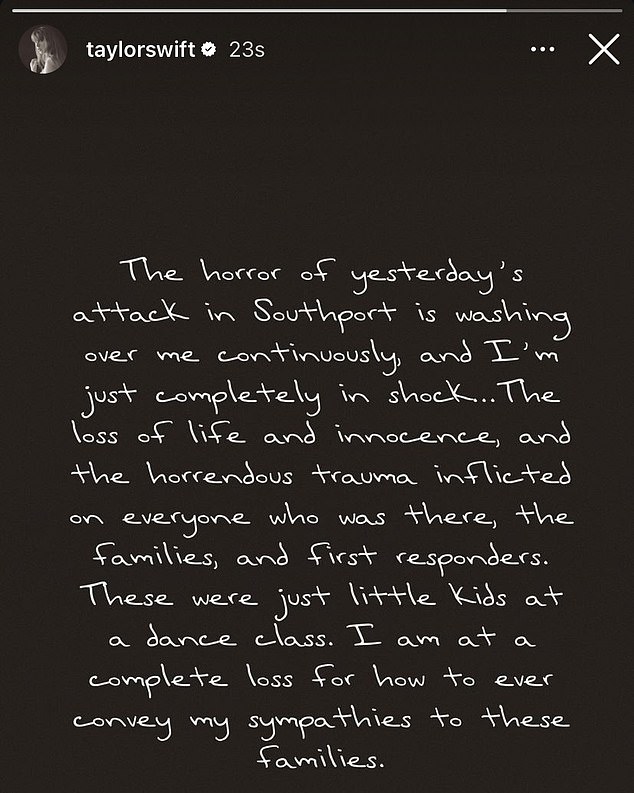 نشرت المغنية الشهيرة رسالة عاطفية اليوم بعد هجوم بسكين في فصل رقص حول أغانيها والذي أسفر عن مقتل ثلاثة أطفال وإصابة ستة آخرين في حالة حرجة.