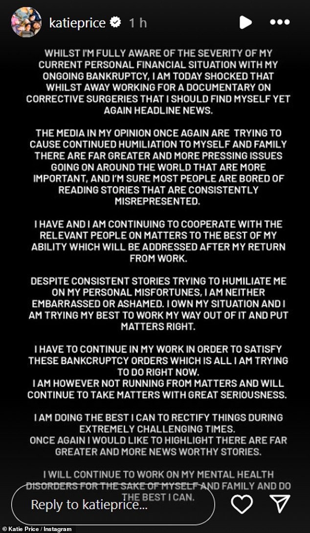 وفي يوم الثلاثاء الماضي، نشرت بيانًا على حسابها على موقع إنستغرام قالت فيه إنها 