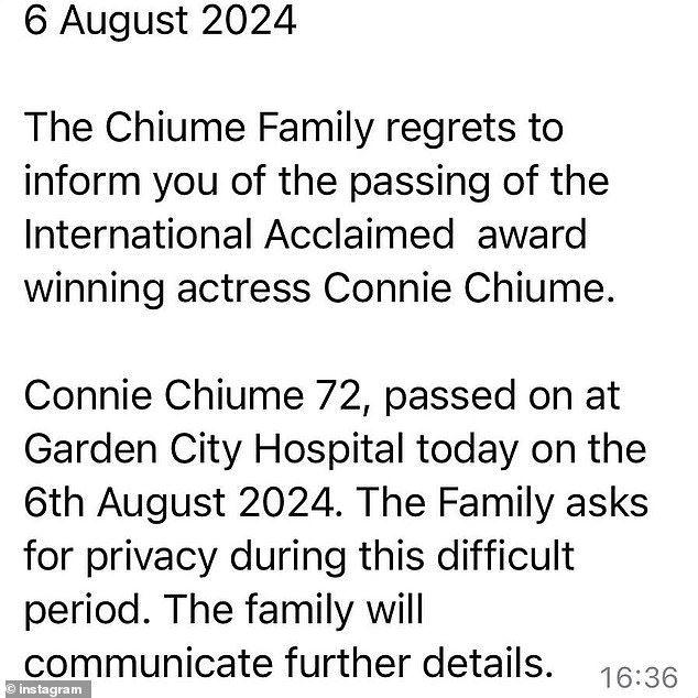 توفيت الممثلة الجنوب أفريقية يوم الثلاثاء في مستشفى جاردن سيتي في جوهانسبرغ وفقًا لبيان عائلي صدر على حساب النجمة على إنستغرام يوم الأربعاء.