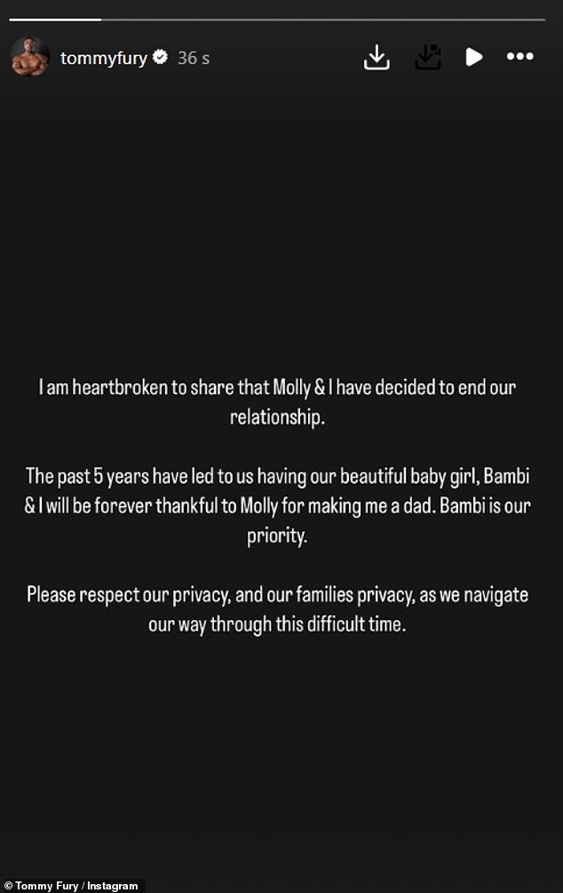 بعد أقل من ساعة، كسر تومي صمته بشأن الانفصال، وكتب على قصصه على إنستغرام: 