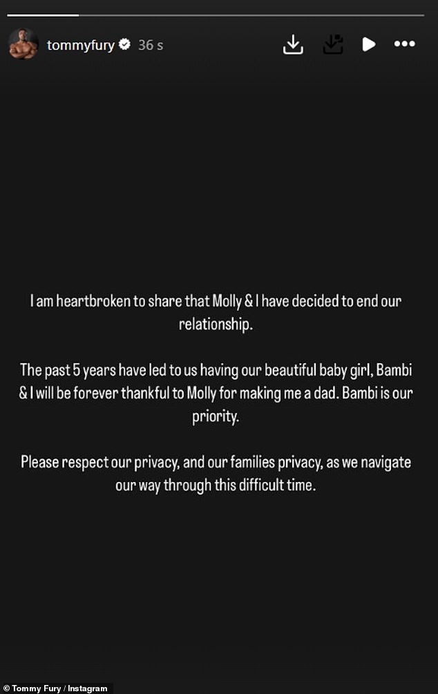 بعد أقل من ساعة، كسر تومي صمته بشأن الانفصال، وكتب على قصصه على إنستغرام: 