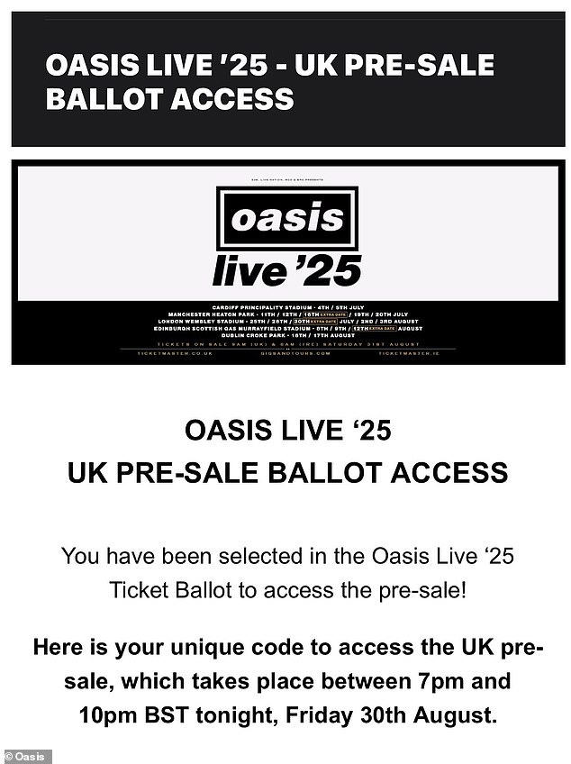 هذا هو البريد الإلكتروني الذي تلقاه مشجعو Oasis اليوم إذا نجحوا في الحصول على رمز البيع المسبق