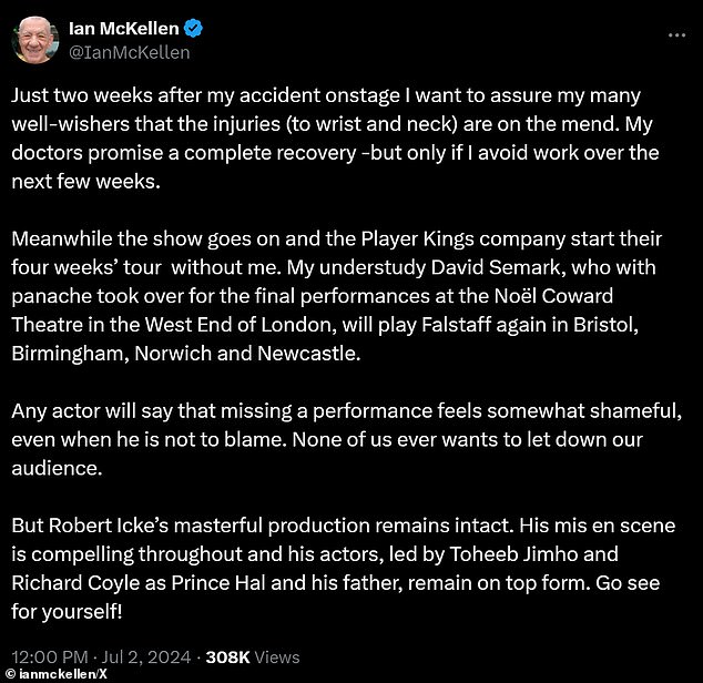 في يوليو، لجأ السير إيان إلى موقع X، المعروف سابقًا باسم Twitter، لمشاركة تحديث صحي مع جحافل معجبيه