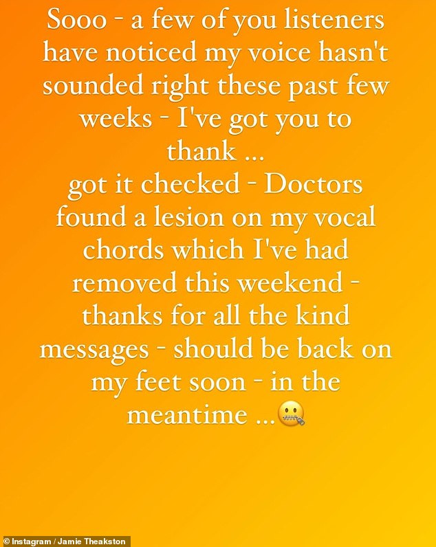 في منشور على Instagram في الأول من سبتمبر، شارك جيمي أنه قام بإجراء فحص لنفسه بعد أن لاحظ بعض مستمعيه أن هناك شيئًا غير صحيح في صوته