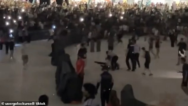 في لقطات صادمة تم نشرها على TikTok، شوهد المشجعون وهم يحاولون شق طريقهم عبر الأمن والدخول إلى الحفرة بينما يؤدي سكوت جولة سيرك ماكسيموس. في الصورة: مشجعون يتشاجرون مع الأمن