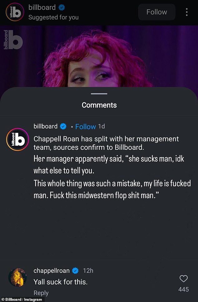 أخذت Billboard على Instagram لنشر صورة لصانعة الأغاني Pink Pony Club البالغة من العمر 26 عامًا أثناء الترويج لمقالها حول طرد الإدارة فأجابت: 