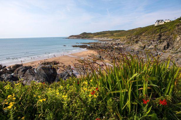 إطلالة على الشاطئ Barricane الجميل في Woolacombe في North Devon ، المملكة المتحدة.