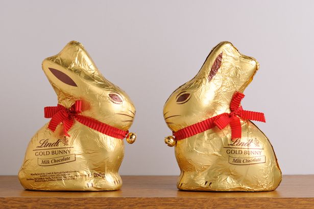 "Rustington ، المملكة المتحدة - 10 أبريل 2012: قامت شركة Lindt Gold Bunnies التي تواجه بعضها البعض على رف. هذه الأرانب مصنوعة من Milk Chocolate. قامت شركة Lindt بتصنيع الشوكولاتة منذ عام 1845. كل عام تحظى Lindt Gold Bunnies بشعبية في عيد الفصح."