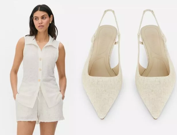 Primark's 8 £ Collared Phechcoat (L) و 14 جنيهًا إسترلينيًا أحذية Slingback Court (R)