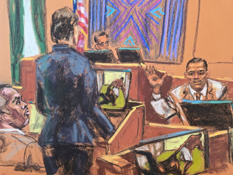 المدعي العام كريستي سلافيك يسأل إسرائيل فلوريز ، حارس أمن سابق ، مثل شون "ديدي" Combs و US Judge Arun Subramanian يستمعون في محاكمة Combs 'Combs للاتجار بالجنس في مدينة نيويورك ، نيويورك ، الولايات المتحدة ، 12 مايو 2025 في مخطط قاعة المحكمة هذا. رويترز/جين روزنبرغ