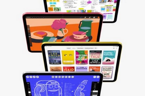أجهزة iPad في خط متداخل في كل لون يوضح شاشة/ميزة مختلفة.