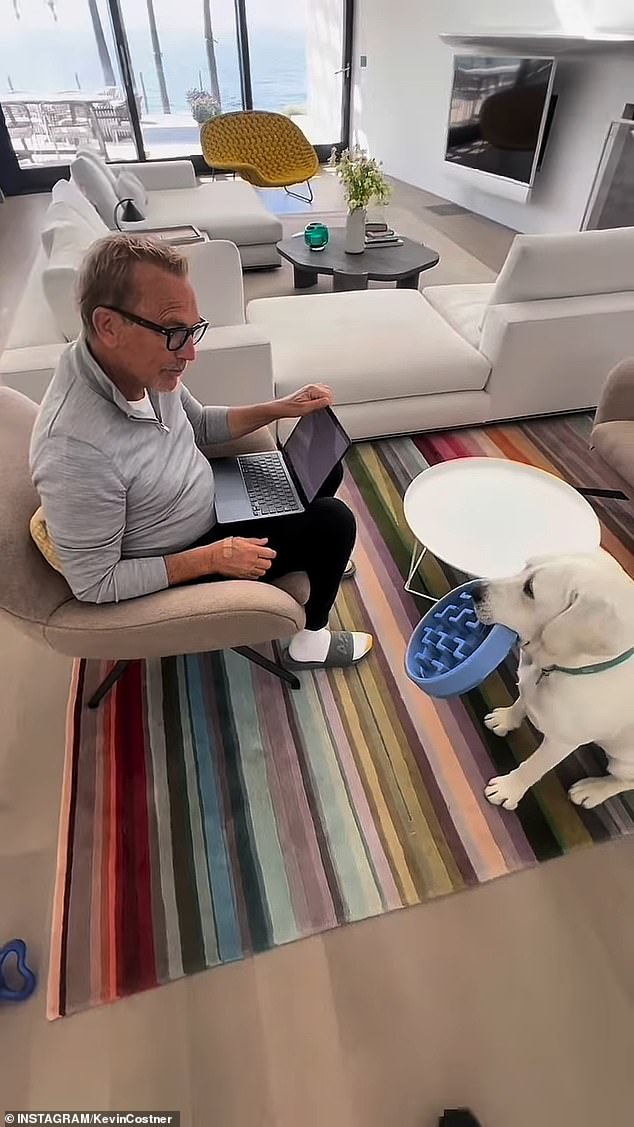 تحتوي منطقة المعيشة في Costner على أريكة رائعة خارج البيض تقع أمام تلفزيون شاشة مسطحة مثبتة على الحائط مع نوافذ رائعة من الأرض إلى السقف