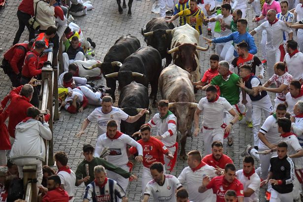يركض المشاركون قبل الثيران خلال "Encierro" (Run-Run) لمهرجان سان فيرمين في بامبلونا