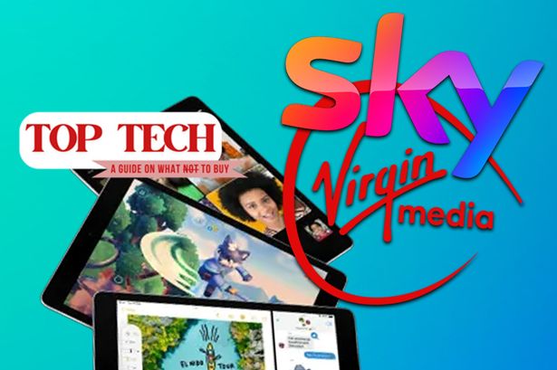 Collage of Sky و Virgin Media Logos و Apple iPads وشعار Mirror Top Tech
