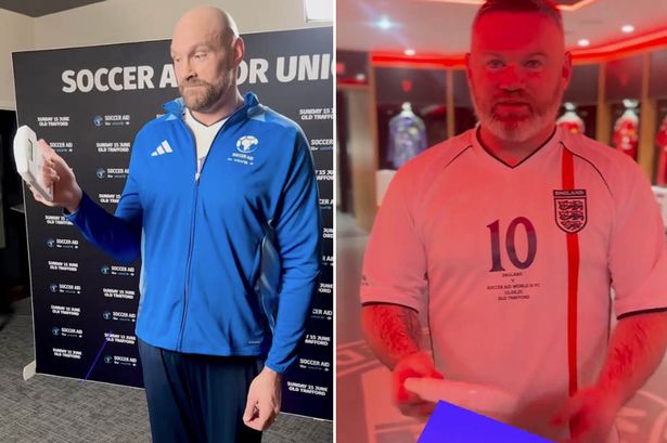 ذهب Tyson Fury و Wayne Rooney وجهاً لوجه في اختبار قبضة قبل كرة القدم 2025 في نهاية هذا الأسبوع