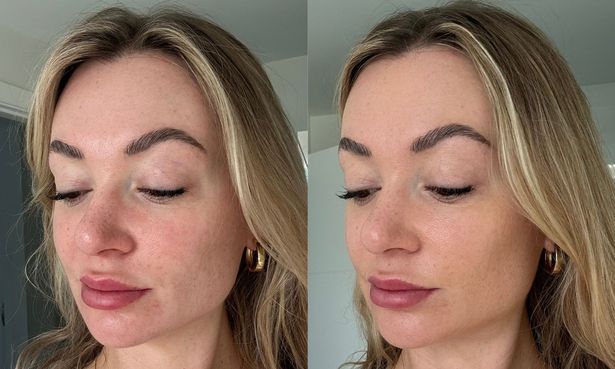 اليسار ، زوي بدون أساس أو SPF ، يمينًا ، يرتدي فقط ميزة SPF المعدنية الموحدة