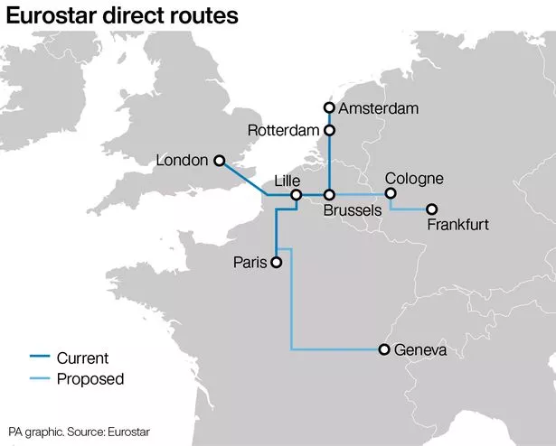 صورة غير مؤرخة صادرة عن Eurostar تعرض طرقها المباشرة. كشفت Eurostar عن خطط لإطلاق خدمات مباشرة تربط المملكة المتحدة مع ألمانيا وسويسرا. تاريخ الإصدار: الثلاثاء 10 يونيو 2025. ادعى المشغل أن "العصر الذهبي الجديد للسفر الدولي المستدام هو هنا" حيث أعلنت مقترحات لتشغيل القطارات بين لندن سانت بانكرا وفرانكفورت وجينيف من "أوائل الثلاثينيات من القرن العشرين". انظر PA Story Rail Eurostar. يجب قراءة الائتمان الصورة: Eurostar/PA Wire 
