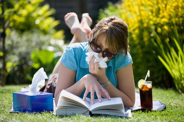 ألبوم صورة للمرأة مع Hayfever تهب أنفها في مناديل أثناء قراءة كتاب