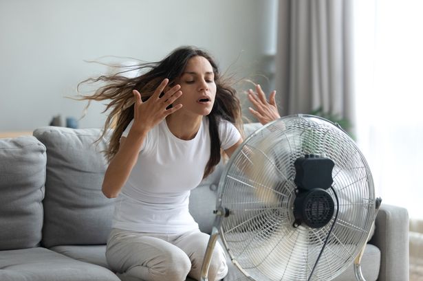 في غرفة المعيشة بدون مكيف هواء متعب من الصيف ، تحولت امرأة شابة في الصيف على جهاز التنفس الصناعي وهي تلوح يديها لتبرد نفسها ، أنثى تجلس على الأريكة تعاني من الطقس الحار الذي لا يطاق للغاية