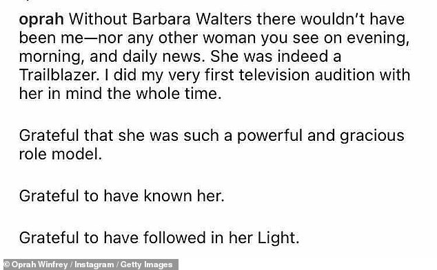 طورت Winfrey and Walters صداقة وثيقة وسط حياتهم المهنية ، وقد أشادت شخصية التلفزيون بباربرا بعد وفاتها في عام 2022