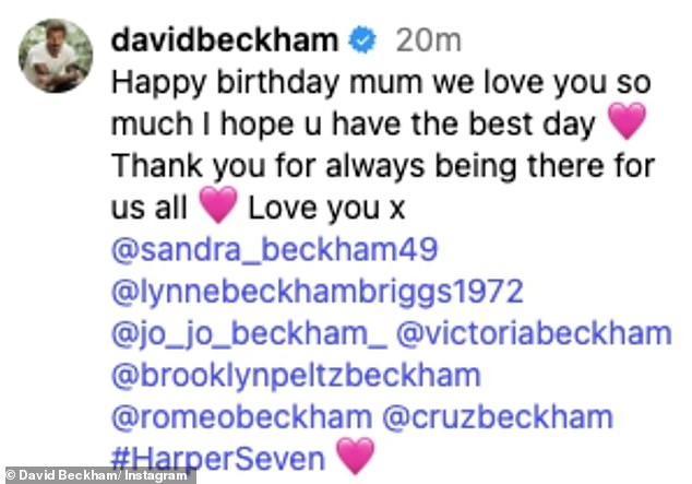 قام بيكهام ، البالغ من العمر 50 عامًا ، بتقديم تكريم من خلال تضمين مقابض Instagram لمختلف أفراد الأسرة ، من بينهم أبناءه الثلاثة مع زوجته فيكتوريا - بروكلين ، روميو ، وكرز
