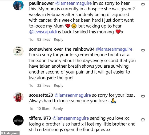 قوبل تعليق شون بالعديد من الرسائل الداعمة من مستخدمي Instagram الآخرين ، الذين شارك الكثير منهم قصصهم الخاصة بالحزن والحزن