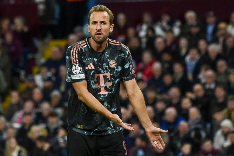 يتفاعل هاري كين في بايرن خلال مباراة كرة القدم في دوري أبطال أوروبا بين أستون فيلا وبايرن ميونيخ ، في فيلا بارك في برمنغهام ، إنجلترا ، الأربعاء ، 2 أكتوبر 2024 (AP Photo/Rui Vieira)