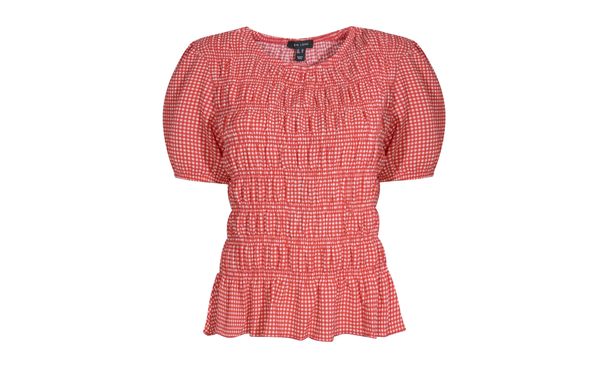 نظرة جديدة Red Jersey Gingham فحص Shirred Tiered Peplum Top