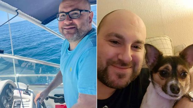 مايكل على اليسار بعد أن فقد ستة حجر وعلى اليمين مع كلبه الأليف