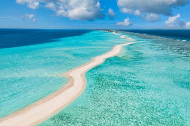 Sandbank Beach لقضاء العطلات مع الرمال البيضاء والمياه الشفافة الأزرق الفيروز. منظر جوي من الطائرات بدون طيار. جزيرة الجزيرة الاستوائية البكر في جزر المالديف. مجردة خلفية مساحة نسخ السفر.