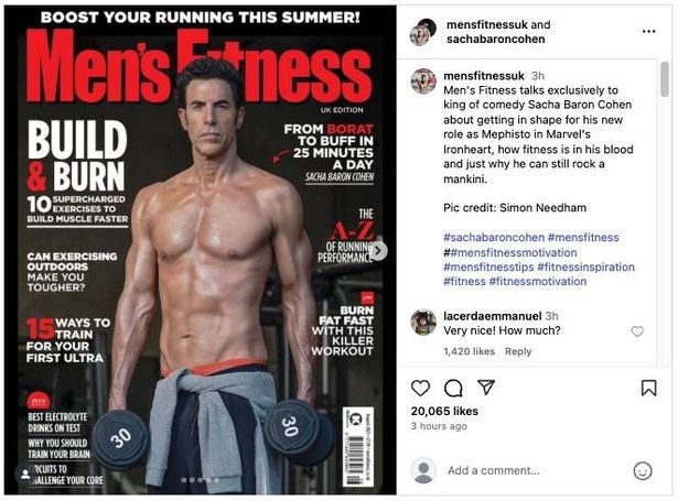 لقطة شاشة لمركز Instagram من Sacha Baron Cohen على غلاف Men's Fitness UK