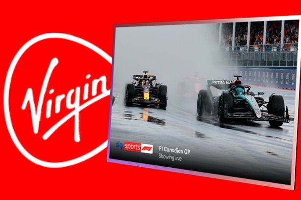 شعار Virgin Media بجانب تلفزيون يعرض الفورمولا 1