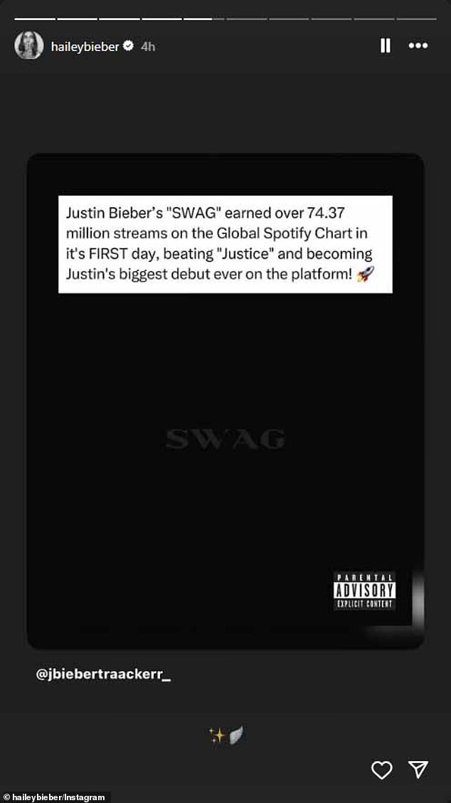 قفزت هيلي أيضًا إلى قصصها في Instagram وشاركتها: 'Justin Bieber's "غنيمة" حصل على 74.37 مليون تيار على الرسم البياني العالمي Spotify في يومه الأول ، وضرب "العدالة