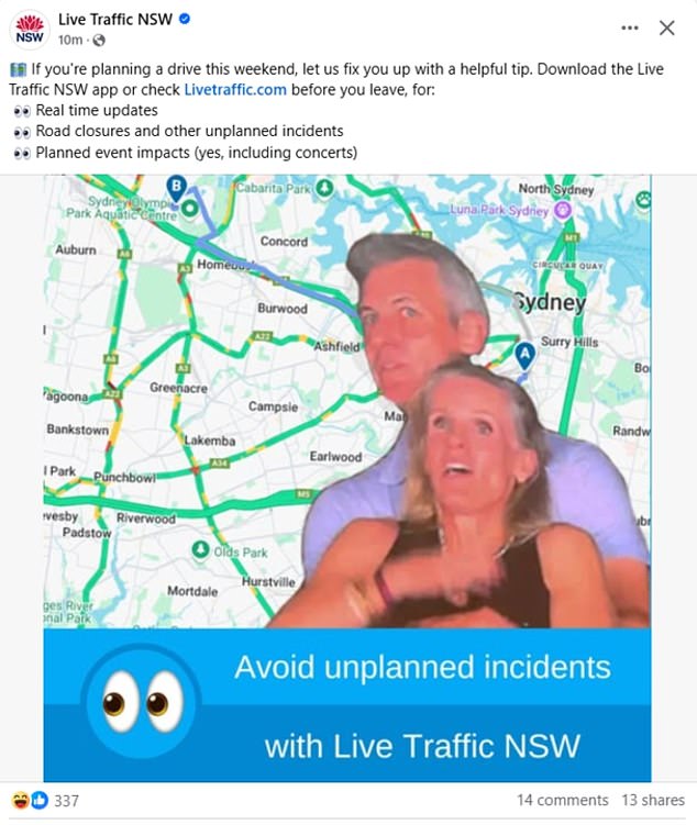 حضرت Live Traffic Traffic NSW أيضًا في هذا الإجراء ، ووضع الصورة على خريطة مرور سيدني مع تعليق مسلية