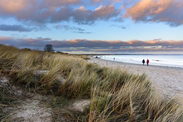 Walkers on Knoll Beach في Studland Bay ، Dorset
