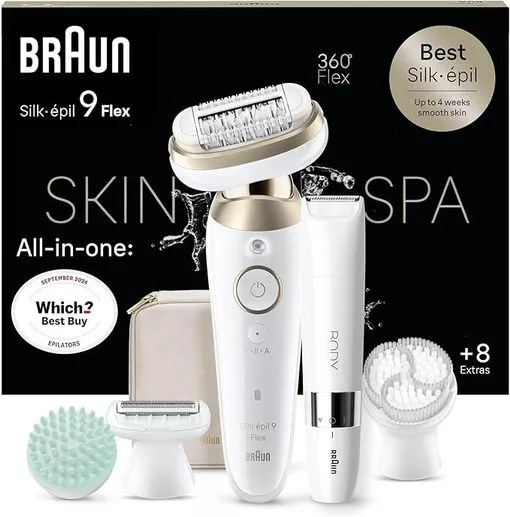 Braun Silk-épil 9 Skinspa ، epilator مع رأس مرن 360 درجة لسهولة إزالة الشعر ، الجلد الرطب والجاف ، ناعم دائمًا ، مجموعة الكل في واحد ، مع ماكينة حلاقة صغيرة في الجسم ، SES9-481 3D ، أبيض/ذهبي