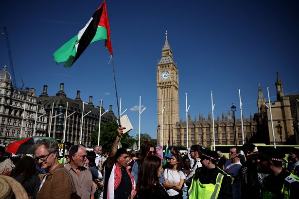 يلوح متظاهر العلم الفلسطيني في مظاهرة في لندن في 9 أغسطس