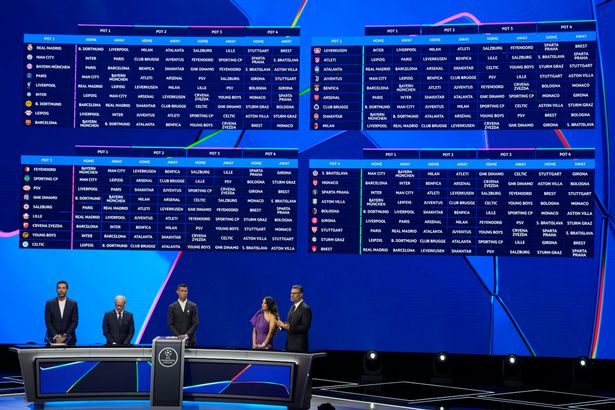 يتم عرض الأندية والتركيبات على الشاشة في نهاية دوري أبطال أوروبا ، مرحلة الدوري ، Draw ، في موناكو
