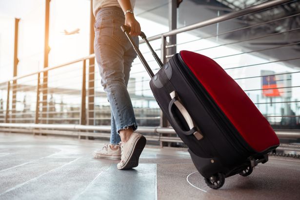 Traveler مع حقيبة في مفهوم المطار. فتاة يونغ تسير مع حمل الأمتعة والركاب للسفر الرحلة رحلة التذاكر في وقت العطلة الدولي في الراحة في العطلة والاسترخاء.