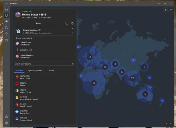 تعمل واجهة NordVPN مثل السحر ، وسرعة وتوصيلها على الفور