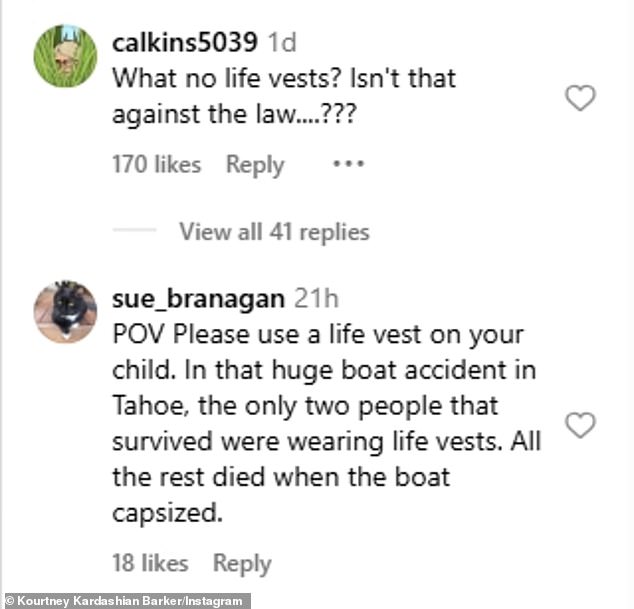 وعلق مستخدم stagram sue_branagan: 'pov يرجى استخدام سترة الحياة على طفلك. في حادث القارب الضخم في تاهو ، كان الشخصان الوحيدان اللذان نجا يرتدي سترات الحياة. مات كل الباقي عندما انقلب القارب
