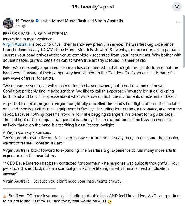 وكشف بيان الفرقة المكون من 315 كلمة أيضًا أن شركة Virgin Australia قد ألغت