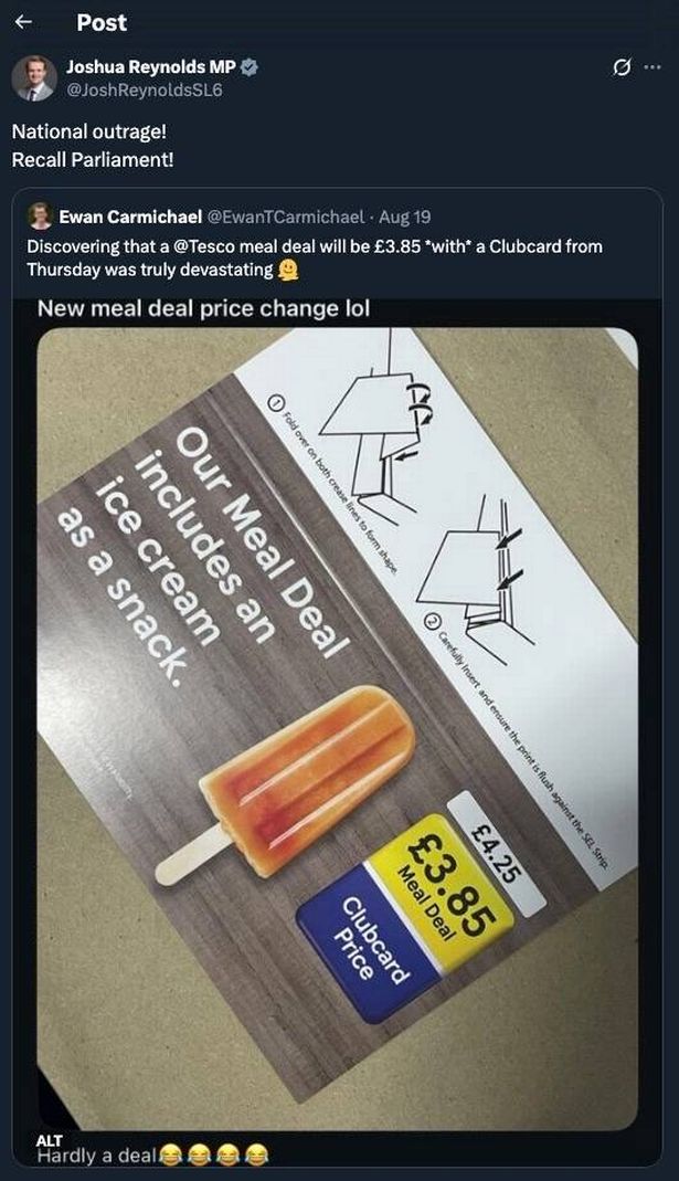 أصدر النائب Maidenhead's Tweet من أسعار Tesco Meal Deal Rise 