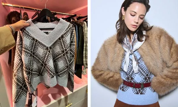 Deep V Neck Argyle Jacquard Jumper مع الصوف