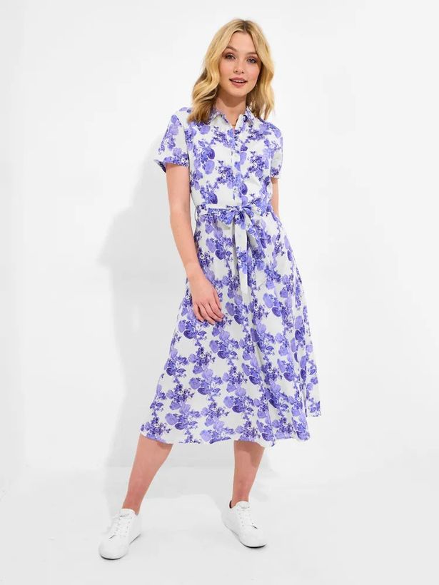 جو براونز الأزرق خمر ربطة الزهور الخصر 100 ٪ فستان القميص القطن