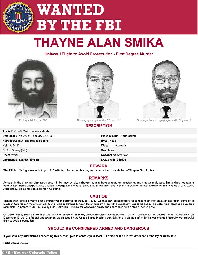 أصدر مكتب التحقيقات الفيدرالي مكافأة بقيمة 10،000 دولار لالتقاط سميكا في عام 2012 بعد أن أبلغ العديد من شهود عن رؤيته في كاليفورنيا واستعادت الشرطة سيارته - وتغذي نظرياته التي ربما فر إلى المكسيك