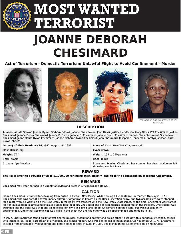 في عام 2013 ، أصبحت أول امرأة تتم إضافتها إلى القائمة المطلوبة في مكتب التحقيقات الفيدرالي (FBI) تحت اسم جوان تشيسامارد