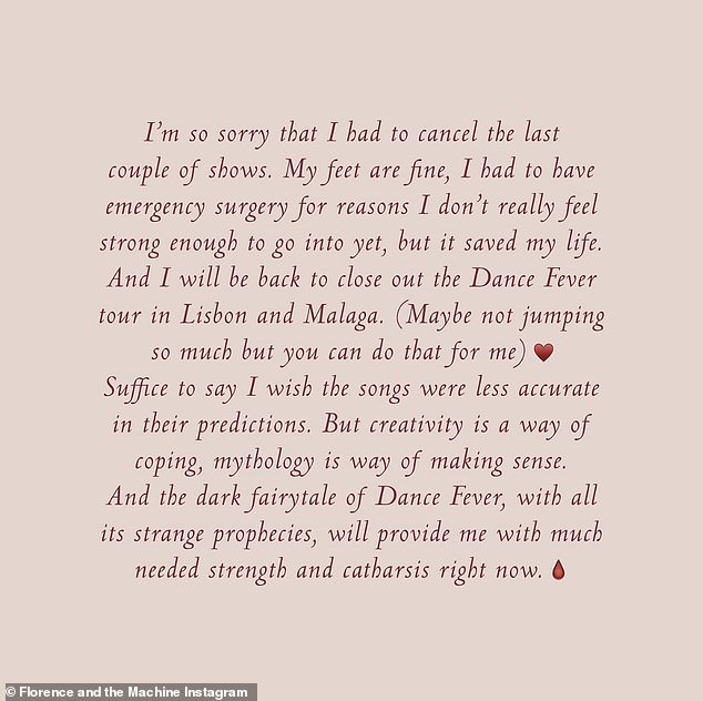 اضطرت المغنية الرئيسية لفرقة روك إندي فلورنس آند ذا آلي ، 39 عامًا ، إلى إلغاء سلسلة من العروض الحية في عام 2023 ، وأخبرت المشجعين في ذلك الوقت بأنها خضعت لعملية جراحية طارئة - لكنها لم تشارك المزيد من التفاصيل
